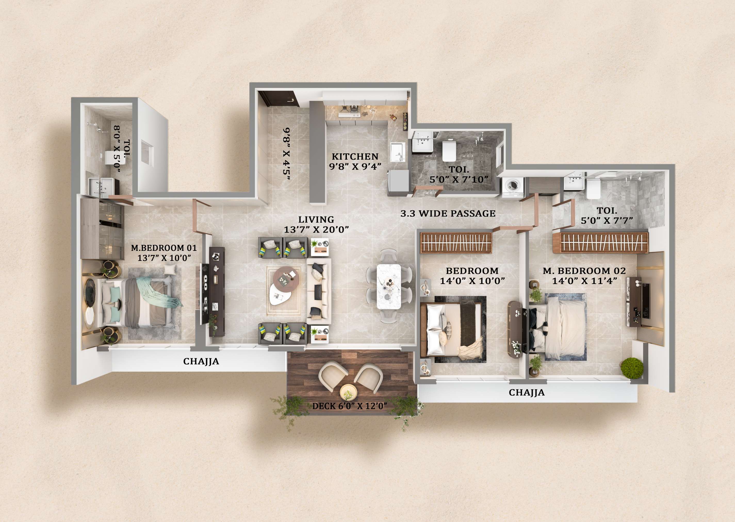 3 BHK Floor Plan Type 2